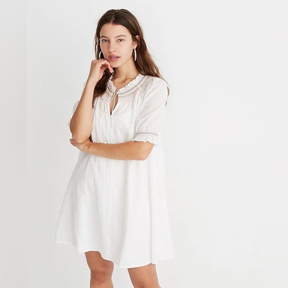 Madewell Rainbow Smocked Trapeze Mini Dress Kimono Floral Pale Parchment Large